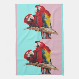 Rote Ara-Papageien Aquarell-Küche Aqua Rosa Te Geschirrtuch