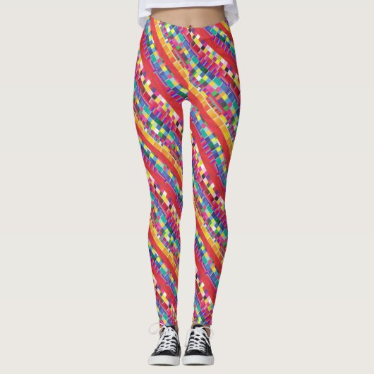 rote Armbanduhren, Streifen und farbige Pixel Leggings (Vorderseite)