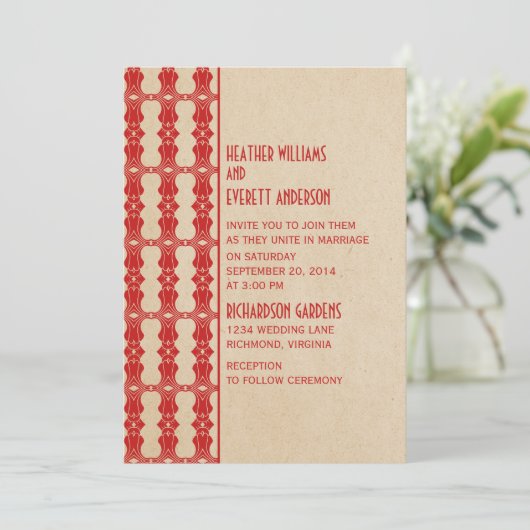 Rote Art Deco Border Wedding Einladung (Stehend Vorderseite)