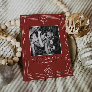 Rote Art Deco   Moderne Foto-Weihnachtskarte Feiertagskarte