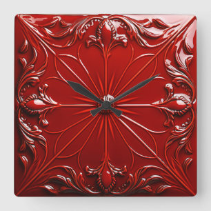 Rote Art Deco  Quadratische Wanduhr