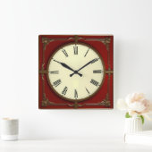 Rote Art Deco Quadratische Wanduhr (Zuhause)