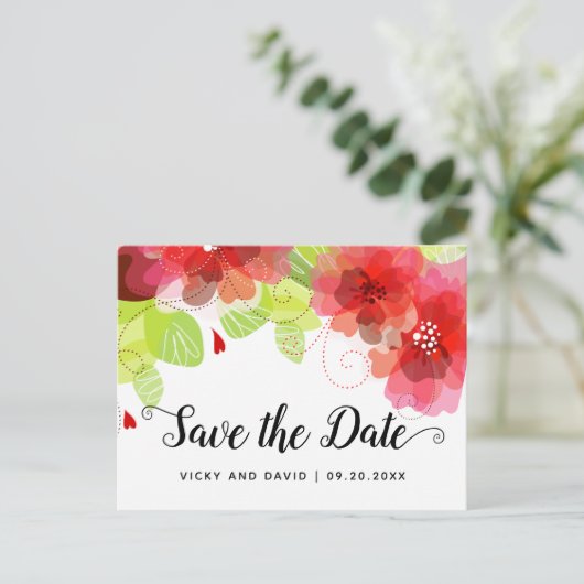 Rote ätherische Blume Hochzeit Speichern Sie das D Postkarte (Stehend Vorderseite)