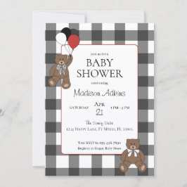 Rote auf schwarzen Büffel-Karo-Teddybären-Baby-Par Einladung
