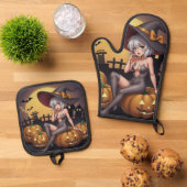 Rote Augenröhre auf Jack-O-Lantern Ofenhandschuh & Topflappen-Set (Oben Unten)