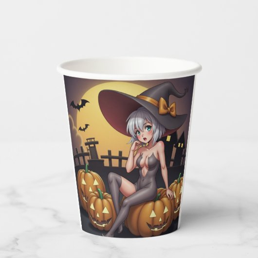 Rote Augenröhre auf Jack-O-Lantern Pappbecher (Rückseite)