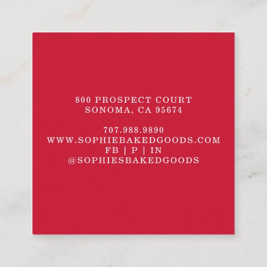 Rote Bäckerei Logo Baker Konditorei Koch Typografi Quadratische Visitenkarte (Rückseite)