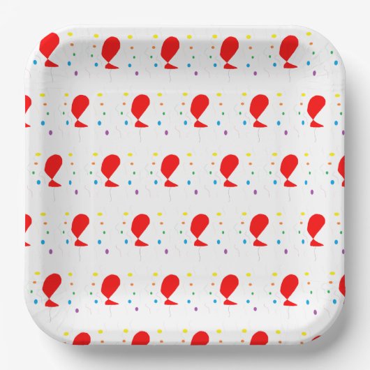 Rote Ballons mit bunten Konfetti-Mustern Pappteller (Vorderseite)