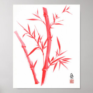 Rote Bambus-Chinesische Pinselkunst Poster