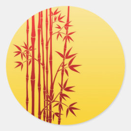 Rote Bambusstäbe mit Blätter auf Gelb Runder Aufkleber