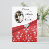 Rote Band-Herz-Damast-Empfangs-Einladungen Einladung (Stehend Vorderseite)