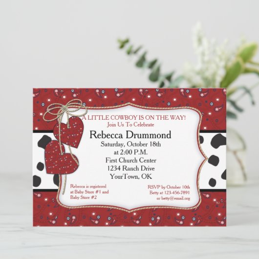 Rote Bandana-Cowboy-Babyparty-Einladung Einladung (Stehend Vorderseite)