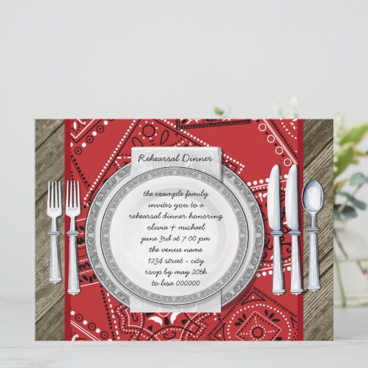 Rote Bandana und Barnholz Probe Dinner Einladung (Stehend Vorderseite)