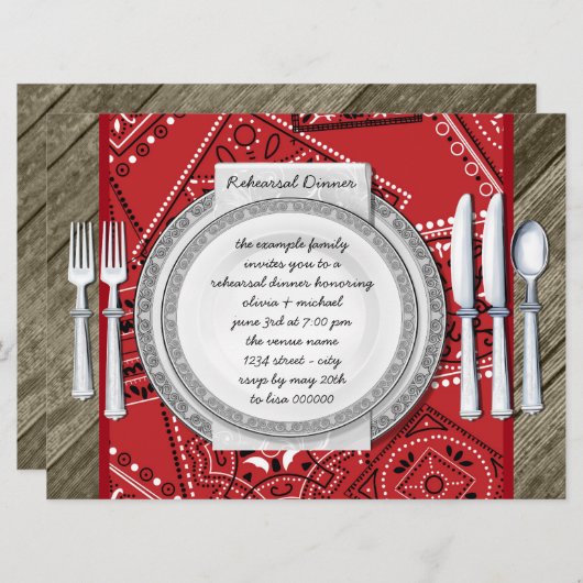 Rote Bandana und Barnholz Probe Dinner Einladung (Vorne/Hinten)