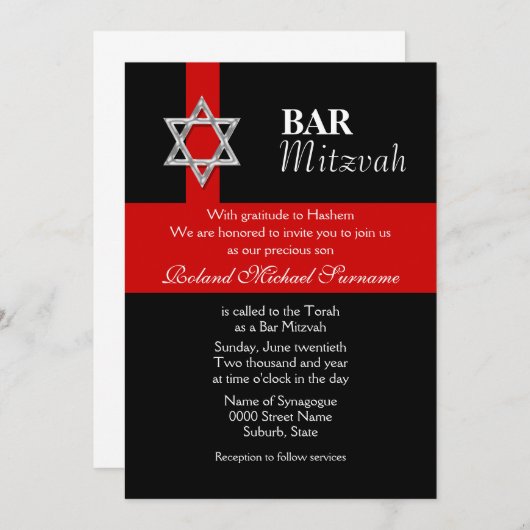 Rote Bar mitzvah-Feierlichkeiten Einladung (Vorne/Hinten)
