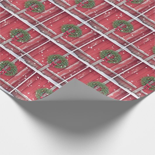 Rote Barenttür mit Weihnachtskranz in Schneeflocke Geschenkpapier (Ecke)