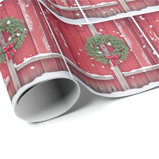 Rote Barenttür mit Weihnachtskranz in Schneeflocke Geschenkpapier (Rolleneckpunkt)