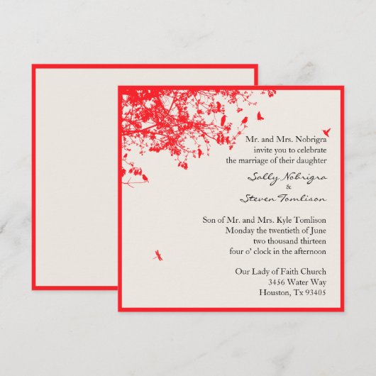 Rote Bäume und Vögel Einladung (Vorne/Hinten)