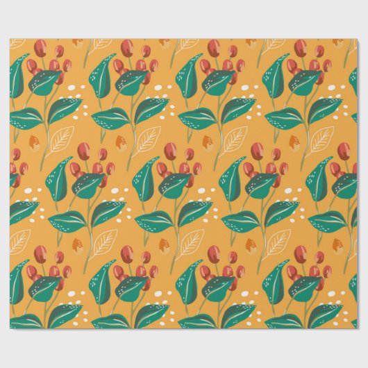 Rote Beere und grüne Blätter auf gelbem Muster Geschenkpapier (Flach)