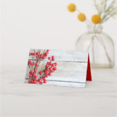 Rote Beeren auf rustikalem Holz Weihnachten Platzkarte (Rückseite)