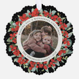 Rote Beeren + Eukalyptus-Weihnachtskranz Foto Ornament Karte
