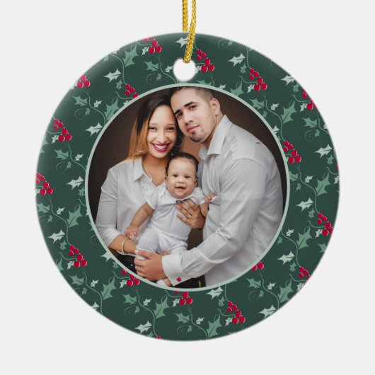 Rote Beeren grüne heilige Blätter Weihnachtsfeiert Keramik Ornament (Vorne)