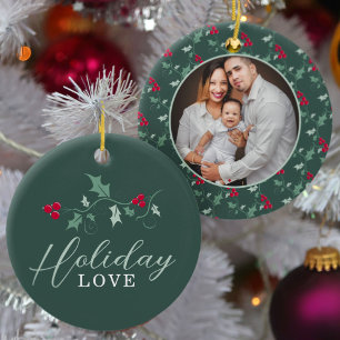 Rote Beeren grüne Stechpalmenblätter Weihnachtsfot Keramik Ornament