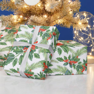 Rote Beeren Grüner Stechpalmen-Blumen Weihnachten Geschenkpapier