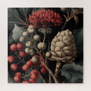 Rote Beeren und exotische Samenkapseln auf Schwarz Puzzle