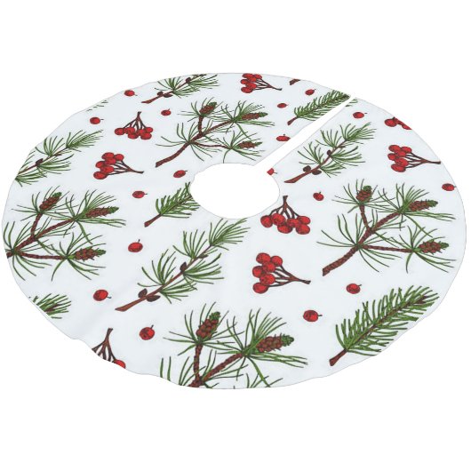 Rote Beeren und Kiefern Polyester Weihnachtsbaumdecke (Schrägansicht)