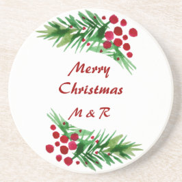 Rote Berries an einem grünen Kiefernzweig Getränkeuntersetzer