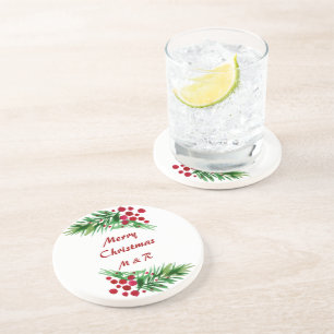 Rote Berries an einem grünen Kiefernzweig Getränkeuntersetzer