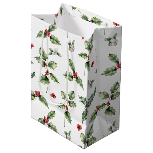 Rote Berries, Mistletoe und Holly-Blätter Mittlere Geschenktüte (Vorderseite Schrägansicht)