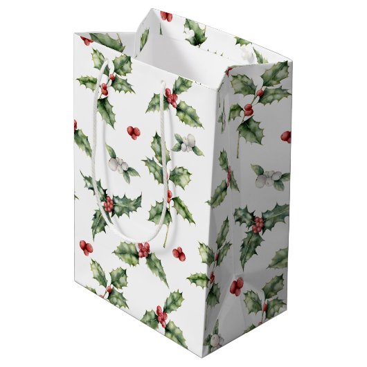 Rote Berries, Mistletoe und Holly-Blätter Mittlere Geschenktüte (Rückseite Schrägansicht)