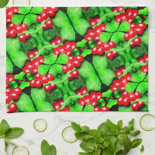 Rote Berries mit Raindrops Abstraktes Naturemuster Geschirrtuch (Gefaltet)