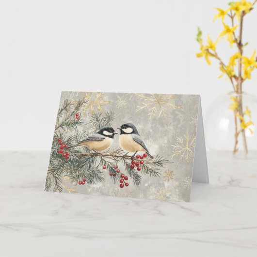 Rote Berries, Schneeflocken und Chickadees Karte (Gelbe Blume)