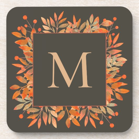 Rote Berries und Herbstlaub Brown Monogram Getränkeuntersetzer (Vorderseite)