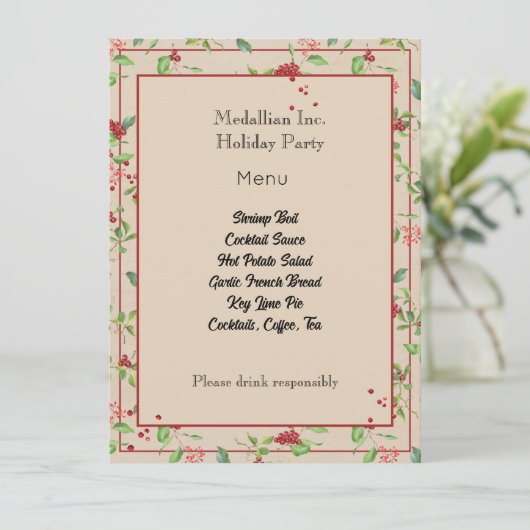 Rote Berries und Winterfolien auf Kraft-Menükarten Menükarte (Stehend Vorderseite)