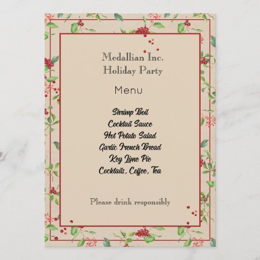 Rote Berries und Winterfolien auf Kraft-Menükarten Menükarte (Vorderseite)