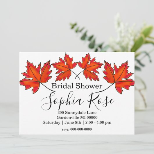 Rote Blätter, Ahorn-Blätter, Brautparty Herbst Einladung (Stehend Vorderseite)