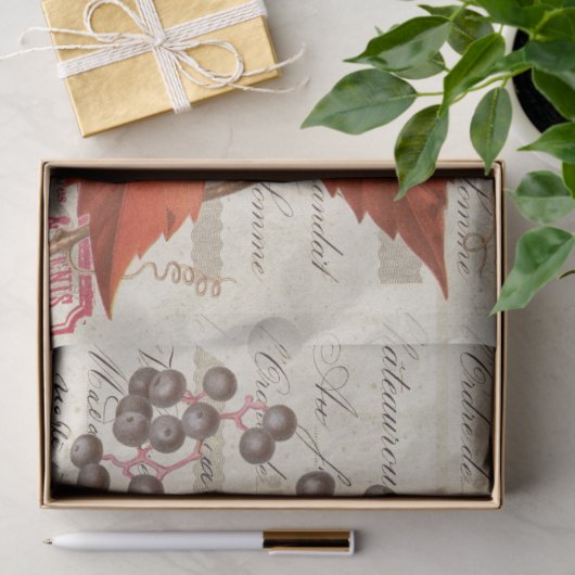 Rote Blätter Berries Botanische Französisch-Script Seidenpapier (Geschenk)