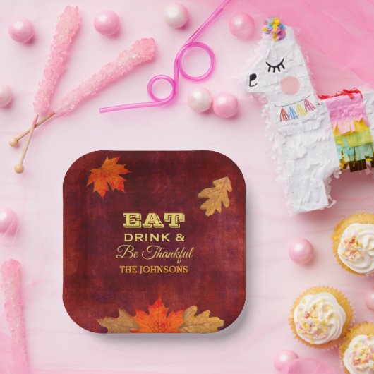 Rote Blätter essen Getränke und seien Sie dankbar  Pappteller (Party)