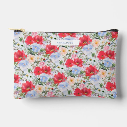 Rote Blaue Aquarell-Blumen Zubehörtasche (Vorderseite)