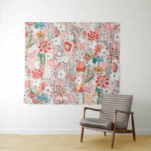 ROTE BLAUE GELBE WILDBLUMEN TULPEN, BLÄTTER FLORAL WANDTEPPICH