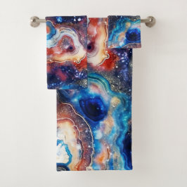 Rote Blaue Geode Abstrakt mit kosmischen Wirbeln Badhandtuch Set