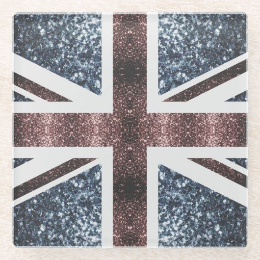 Rote blaue Glitzern unter der Flagge Rustikales UK Glasuntersetzer (Vorderseite)