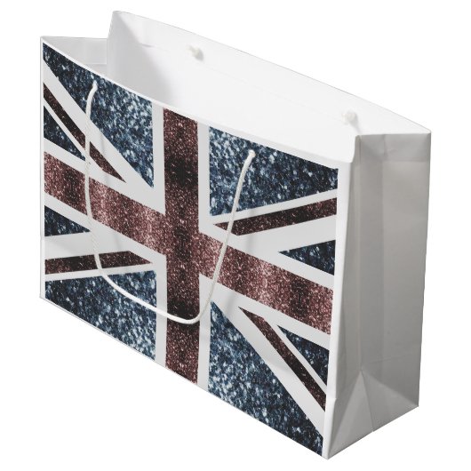 Rote blaue Glitzern unter der Flagge Rustikales UK Große Geschenktüte (Vorderseite Schrägansicht)