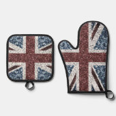 Rote blaue Glitzern unter der Flagge Rustikales UK Ofenhandschuh & Topflappen-Set (Vorderseite)