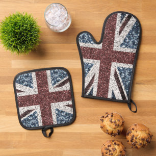 Rote blaue Glitzern unter der Flagge Rustikales UK Ofenhandschuh & Topflappen-Set