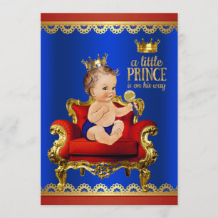 Rote Blaue Goldene Stuhl Brünette Prinz Baby Showe Einladung